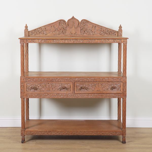 A 19TH CENTURY ANGLO INDIAN CARVED TEAK THREE TIER BUFFET