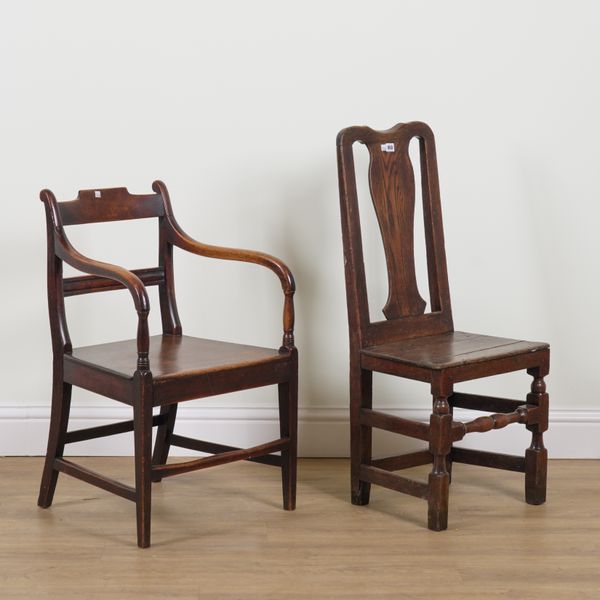 A LATE 17TH CENTURY OAK VASE BACK DINING CHAIR (2)