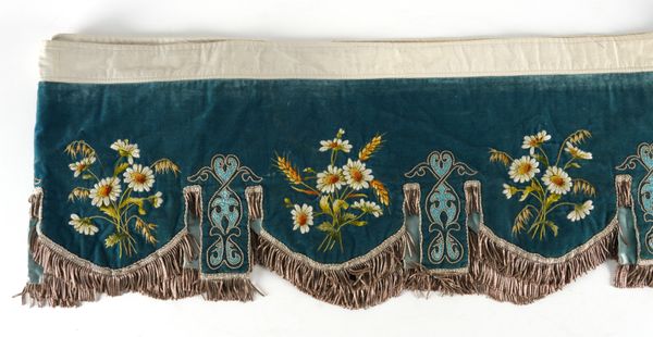 A TEAL BLUE VELVET EMBROIDERED CANOPY HANGING OR PELMENT