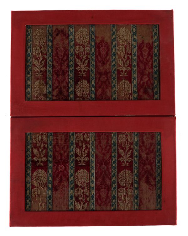 A PAIR OF VENETIAN CRIMSON VELVET AND SILK PANELS (2)