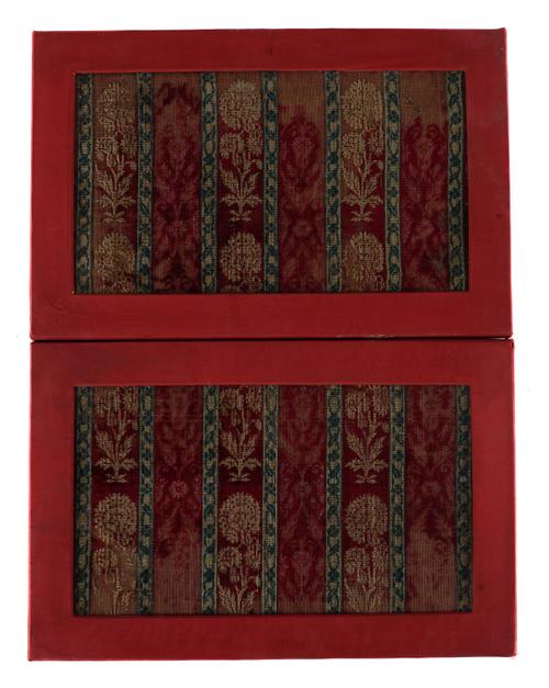 A PAIR OF VENETIAN CRIMSON VELVET AND SILK PANELS (2)