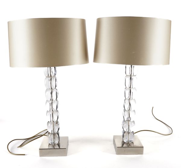 PORTA ROMANA: A PAIR OF GLASS AND CHROME PLATED ICE CUBE TABLE LAMPS (2)