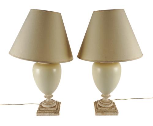 A PAIR OF WHITE METAL AND FAUX STONE BALUSTER TABLE LAMPS (2)