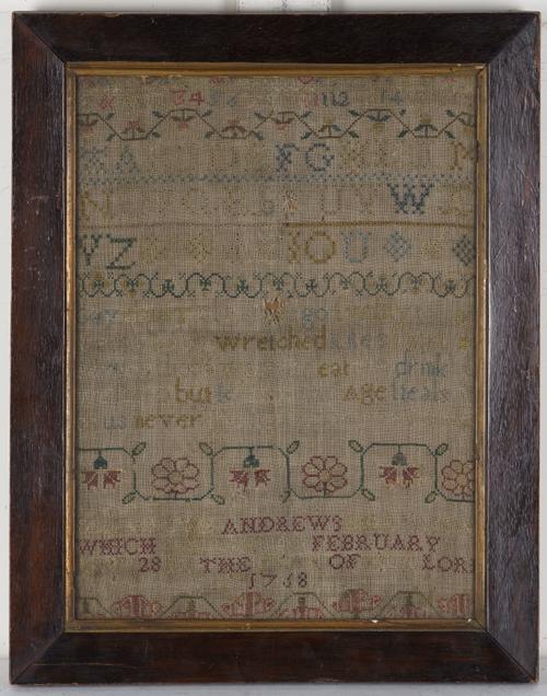 A COLLECTION OF SEVEN ALPHABET NEEDLEWORK SAMPLERS INCLUDING ONE DATED 1738 (7)