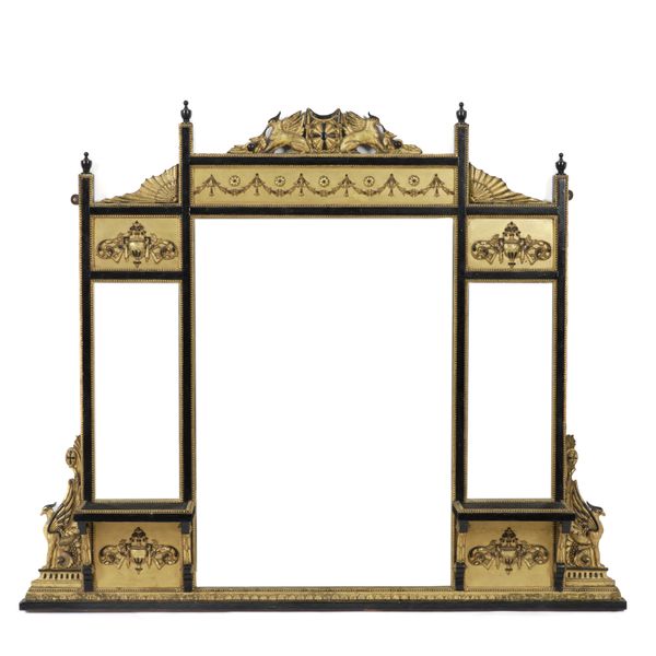 A VICTORIAN EBONISED AND PARCEL GILT DECORATED OVERMANTEL MIRROR