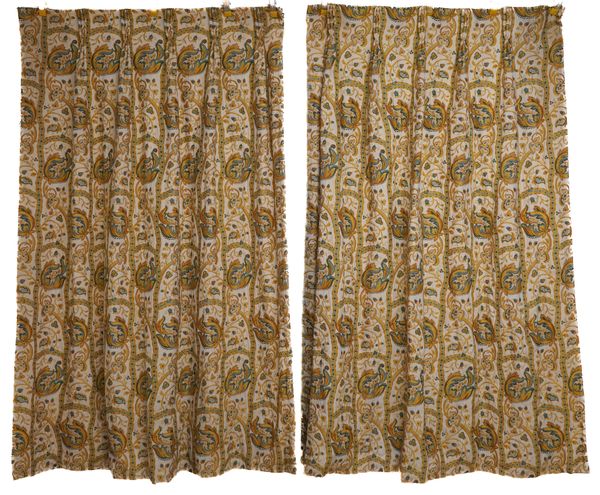 TWO PAIRS OF GREEN AND GOLD EMBROIDERED CURTAINS AND ANOTHER PAIR (8)