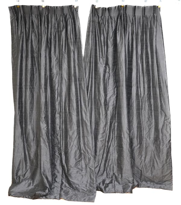 FIVE SILVER COLOURED SILK AND COTTON CURTAINS AND ACCESSORIES (25)