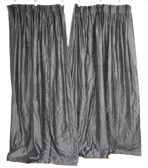 FIVE SILVER COLOURED SILK AND COTTON CURTAINS AND ACCESSORIES (25)