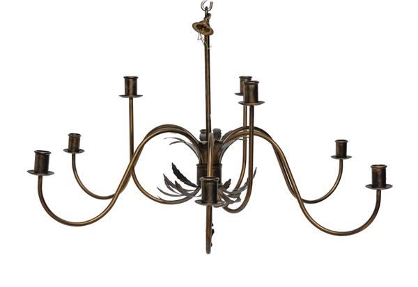 A BRASS TIERED NINE LIGHT CHANDELIER