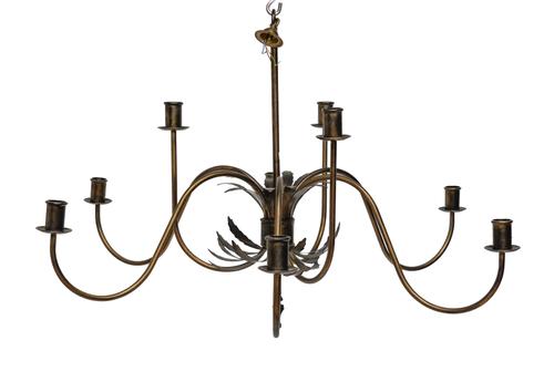 A BRASS TIERED NINE LIGHT CHANDELIER