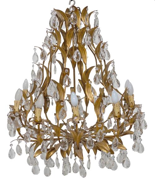A FRENCH GILT-TOLE AND GLASS MOUNTED TEN LIGHT CHANDELIER