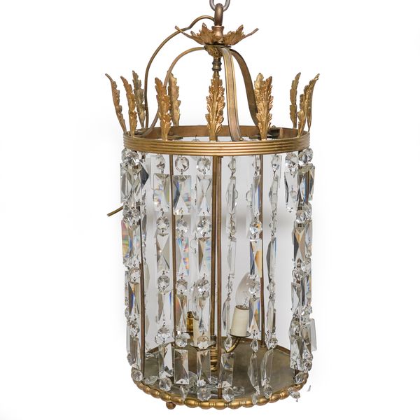 A GILT-METAL MOUNTED GLASS HALL LANTERN