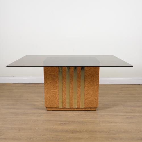 A 20TH CENTURY RECTANGULAR SMOKED GLASS TOPPED DINING TABLE