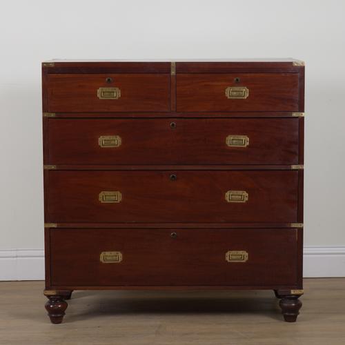 A CAMPAIGN STYLE BRASS BOUND MAHOGANY CHEST OF DRAWERS