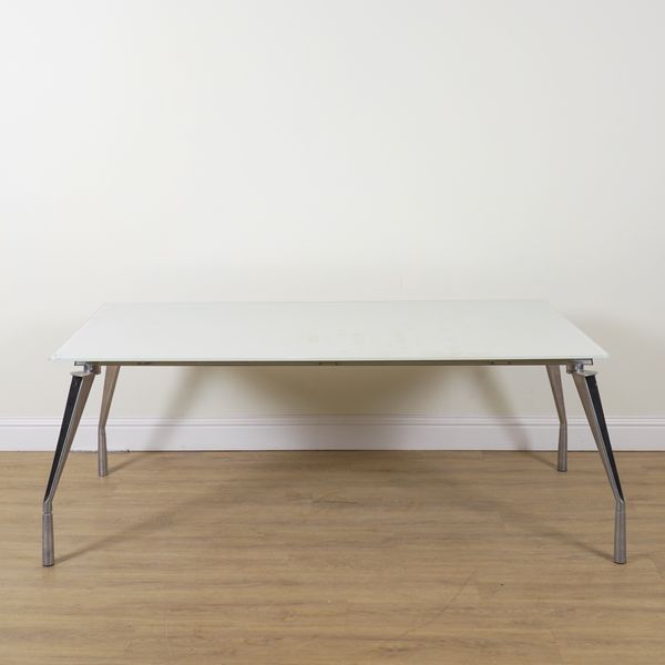 A MODERN RECTANGULAR FROSTED GLASS DINING TABLE