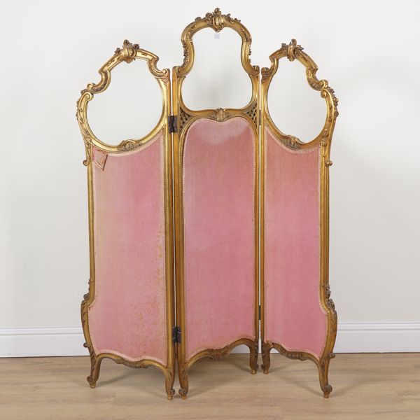 AN 18TH CENTURY STYLE FRENCH GILT FRAMED TRIPTYCH SCREEN
