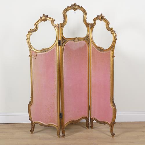 AN 18TH CENTURY STYLE FRENCH GILT FRAMED TRIPTYCH SCREEN