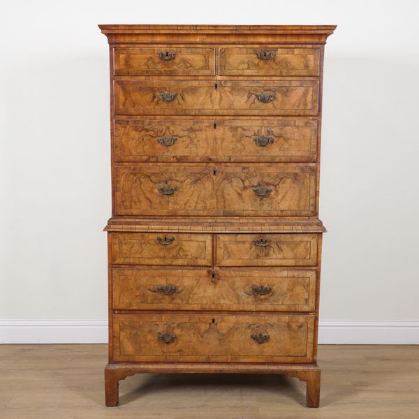 A MID 18TH CENTURY INLAID CROSSBANDED FIGURED WALNUT CHEST ON CHEST