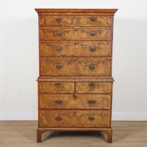 A MID 18TH CENTURY INLAID CROSSBANDED FIGURED WALNUT CHEST ON CHEST