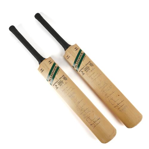 CRICKET MEMROMBILIA: TWO AUTOGRAPHED AUSTRALIA V ENGLAND CRICKET BATS FROM THE 1975 TEST SERIES