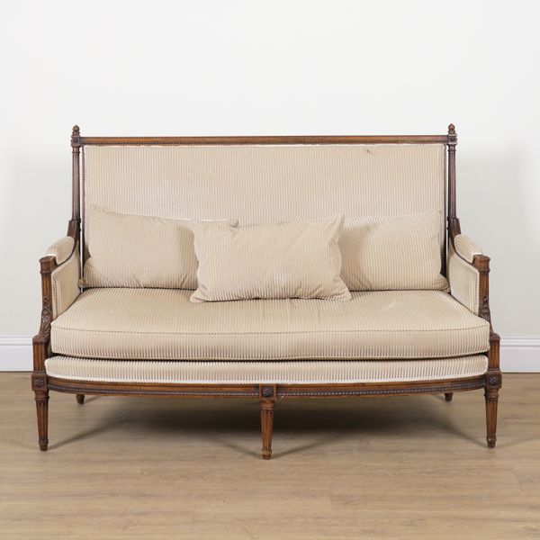 A LOUIS XVI STYLE STAINED BEECH FRAMED THREE PIECE SUITE (3)