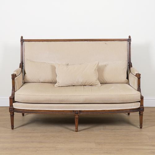 A LOUIS XVI STYLE STAINED BEECH FRAMED THREE PIECE SUITE (3)