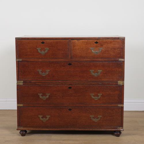 A 19TH CENTURY CAMPAIGN BRASS BOUND TEAK CHEST OF DRAWERS