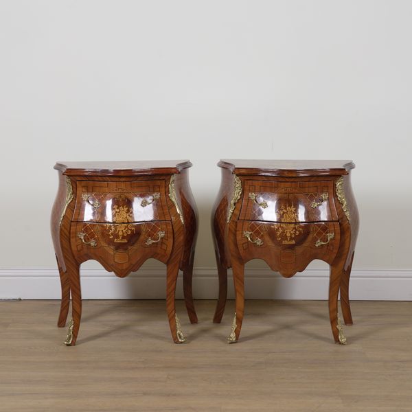 A PAIR OF 18TH CENTURY ITALIAN STYLE MARQUETRY INLAID GILT METAL MOUNTED BOMBE TWO DRAWER COMMODES (2)