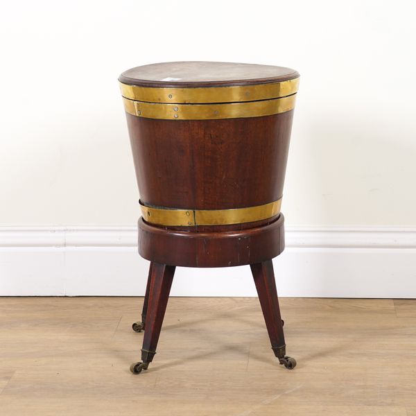 A GEORGE III BRASS BOUND MAHOGANY WINE COOLER ON STAND