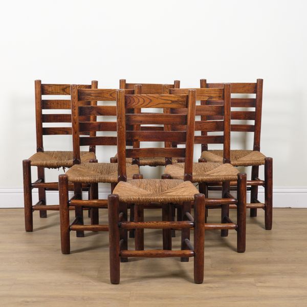 A SET OF SIX LATE 19TH CENTURY ASH LADDER BACK DINING CHAIRS (6)