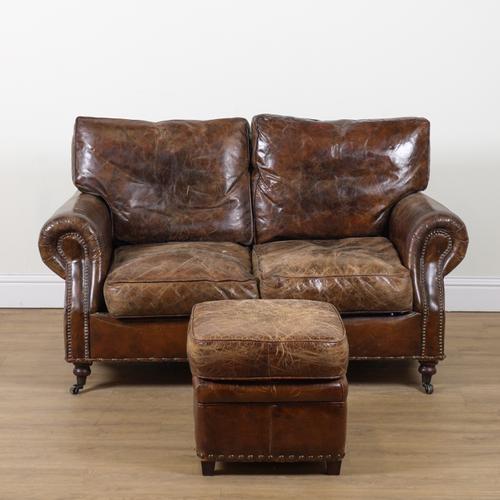 AN EARLY 20TH CENTURY STUDDED TAN LEATHER TWO SEAT SOFA (2)