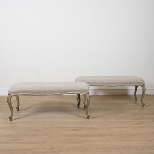 A PAIR OF POLYCHROME PAINTED RECTANGULAR FOOTSTOOLS (2)