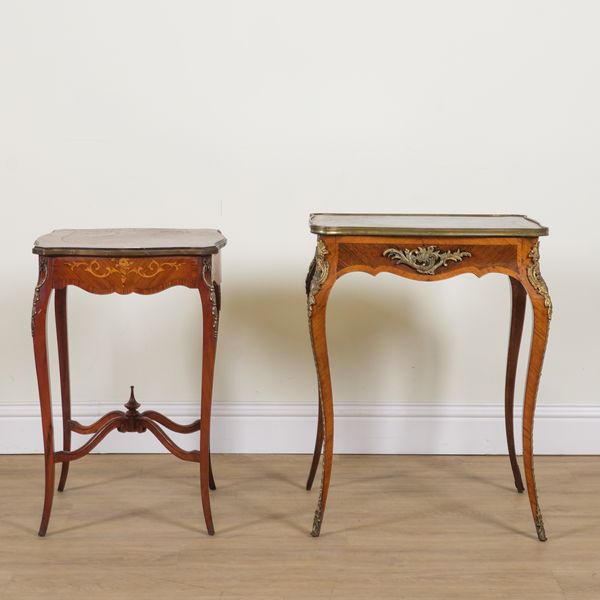 A LOUIS XV STYLE GILT METAL MOUNTED WALNUT SINGLE DRAWER SIDE TABLE (2)