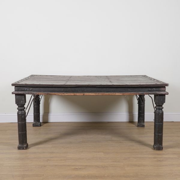A 19TH CENTURY INDIAN IRON BOUND TEAK CENTRE TABLE