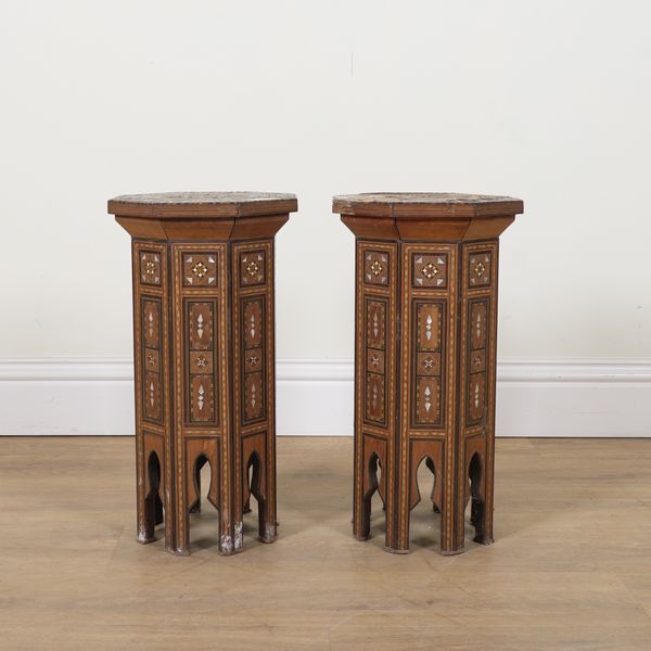A PAIR OF EARLY 20TH CENTURY MOTHER-OF-PEARL AND BONE INLAID OCTAGONAL OCCASIONAL TABLES (2)