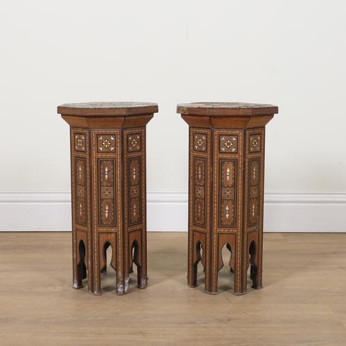 A PAIR OF EARLY 20TH CENTURY MOTHER-OF-PEARL AND BONE INLAID OCTAGONAL OCCASIONAL TABLES (2)