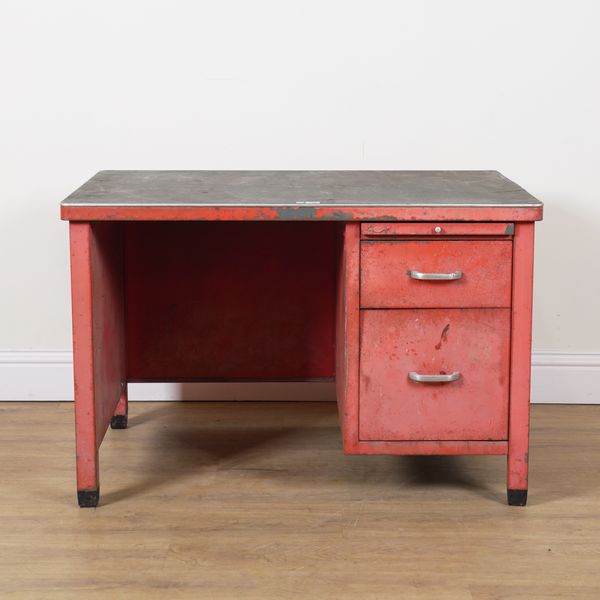 ART METAL LONDON SW1; AN EARLY 20TH CENTURY RED PAINTED METAL DESK/WORK BENCH