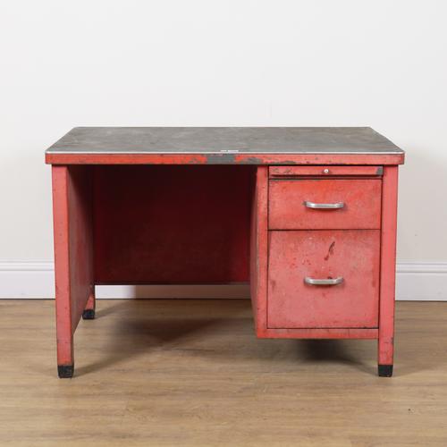 ART METAL LONDON SW1; AN EARLY 20TH CENTURY RED PAINTED METAL DESK/WORK BENCH