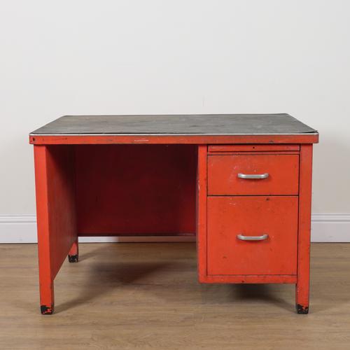ART METAL LONDON SW1; AN EARLY 20TH CENTURY RED PAINTED METAL DESK/WORK BENCH