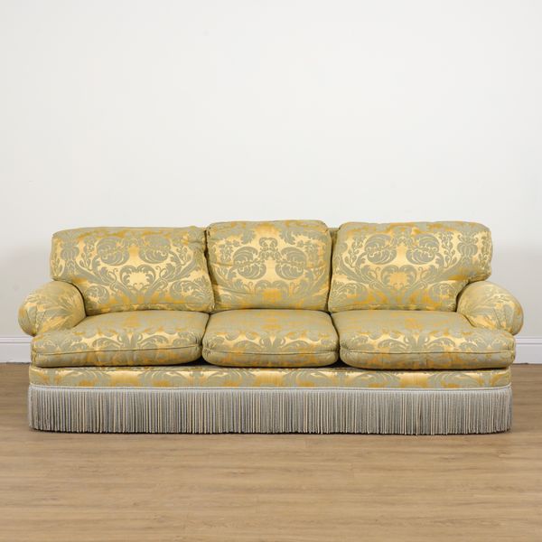 KINGCOME SOFA LTD; A GOLD DAMASK UPHOLSTERED THREE SEAT SOFA