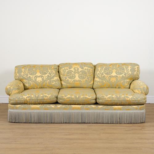 KINGCOME SOFA LTD; A GOLD DAMASK UPHOLSTERED THREE SEAT SOFA