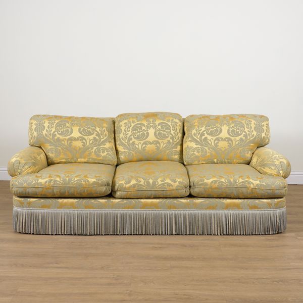 KINGCOME SOFA LTD; A GOLD DAMASK UPHOLSTERED THREE SEAT SOFA