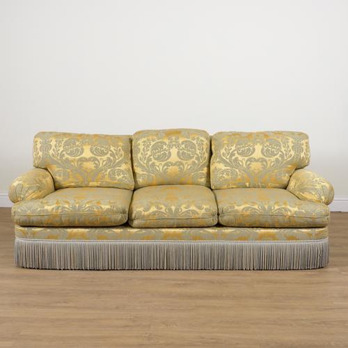 KINGCOME SOFA LTD; A GOLD DAMASK UPHOLSTERED THREE SEAT SOFA