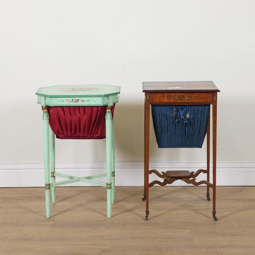 AN EDWARDIAN POLYCHROME PAINTED SATINWOOD WORK TABLE (2)