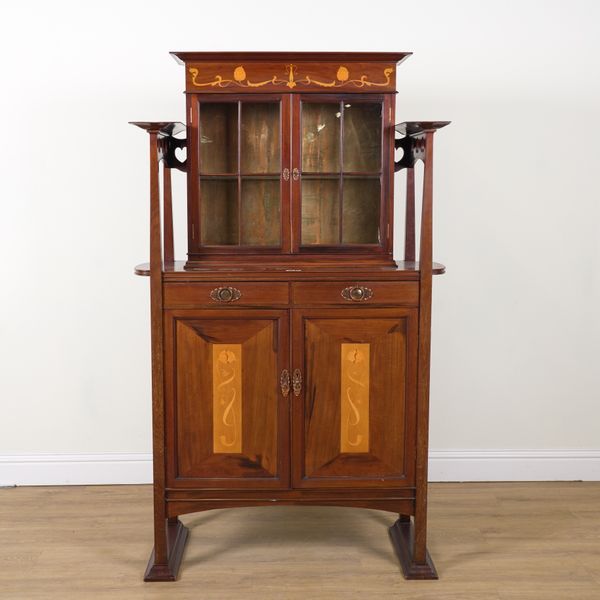 AN ART NOUVEAU TULIP WOOD INLAID MAHOGANY DISPLAY CABINET