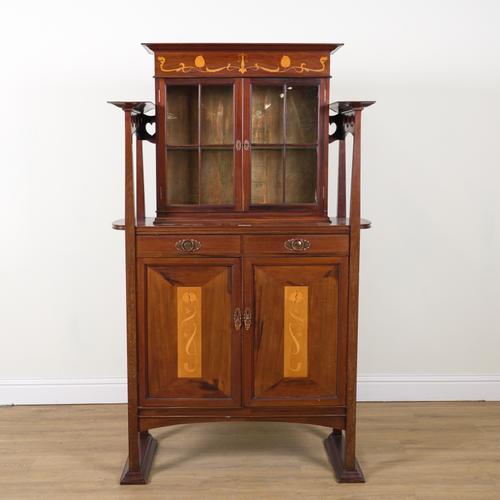 AN ART NOUVEAU TULIP WOOD INLAID MAHOGANY DISPLAY CABINET