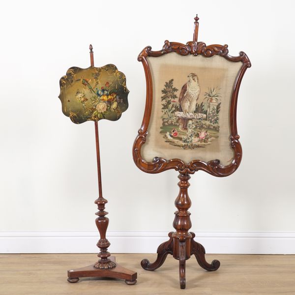 A VICTORIAN ROSEWOOD FRAMED POLE SCREEN (2)