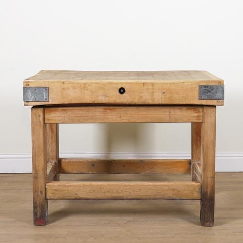 A 20TH CENTURY BEECH AND PINE BUTCHER'S BLOCK ON STAND