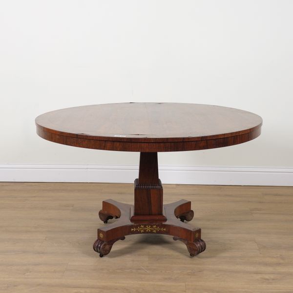 A REGENCY BRASS INLAID ROSEWOOD CIRCULAR SNAP TOP CENTRE TABLE