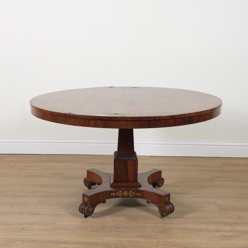 A REGENCY BRASS INLAID ROSEWOOD CIRCULAR SNAP TOP CENTRE TABLE